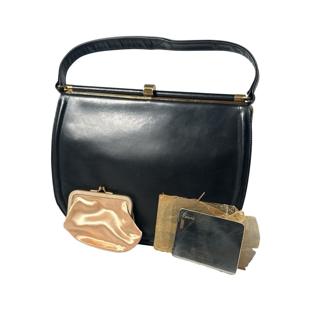 Vintage 1950s Escort Bag Black Leather Frame Handbag Mirror Coin Purse MCM